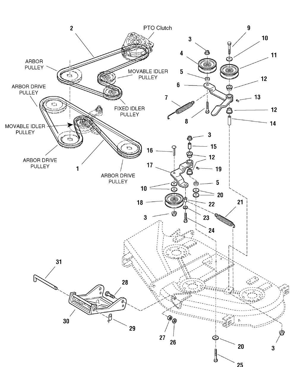 50" Mower Deck - Clutch And Support Group Diagram and Parts List for 2277700-107277700-ZT7000 2004 Briggs and Stratton Lawn Tractor